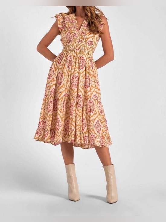 Elan Dresses & Skirts - Elan Melrose Pink Gold Ikat Ruffle Smocked Tiered Midi Dress M